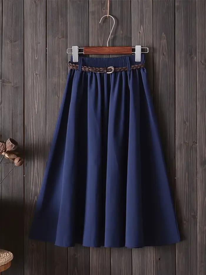 Midi genou longueur jupe d'été femmes avec ceinture mode coréenne dames taille haute plissée a-ligne