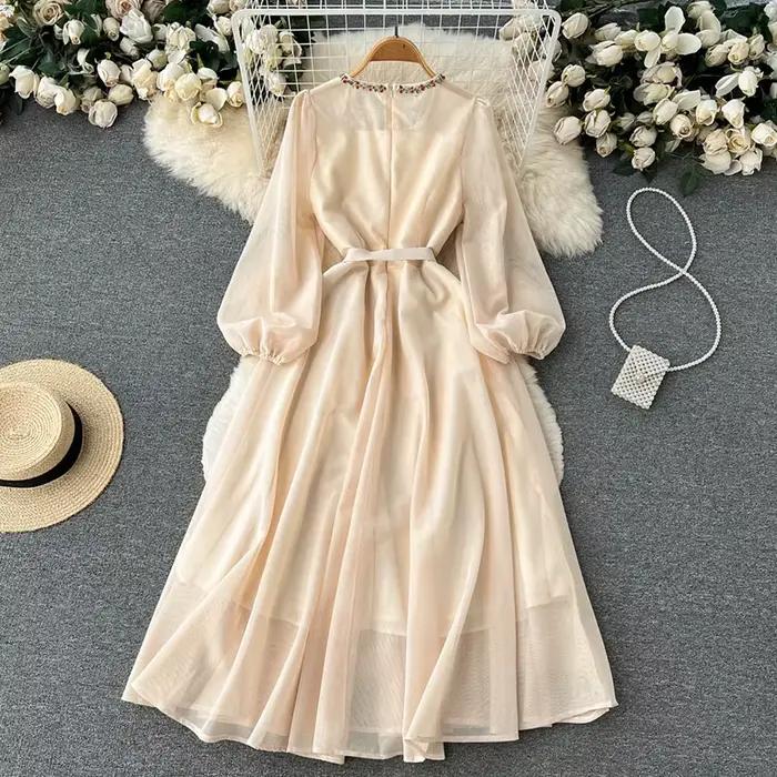 Robe longue brodée de perles blanches/beiges pour femmes, col rond, manches bouffantes, taille haute, robe de soirée élégante, nouvelle mode, automne