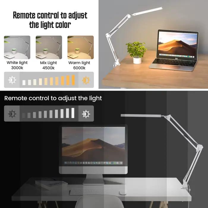 Lampe de bureau LED à bras long, pince pliable, lumière de soin des yeux réglable avec 3 modes de couleur, variable pour lire, les études et les travaux de bureau