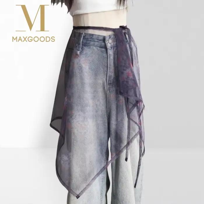 Jupe longue en dentelle taille haute transparente Y2K Streetwear avec cordon de serrage