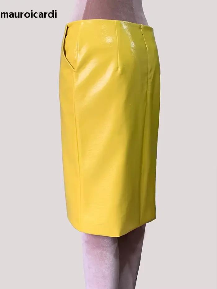 Mauroic printemps été brillant réfléchissant jaune vif Faux cuir jupe crayon femmes avec fente arrière taille haute nouveautés 2025