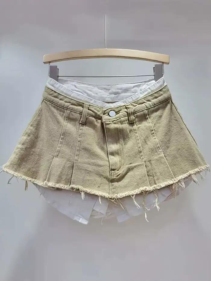DEAT femmes jupe en jean taille haute plissée Patchwork couleur contrastée grandes poches bavures a-ligne Mini