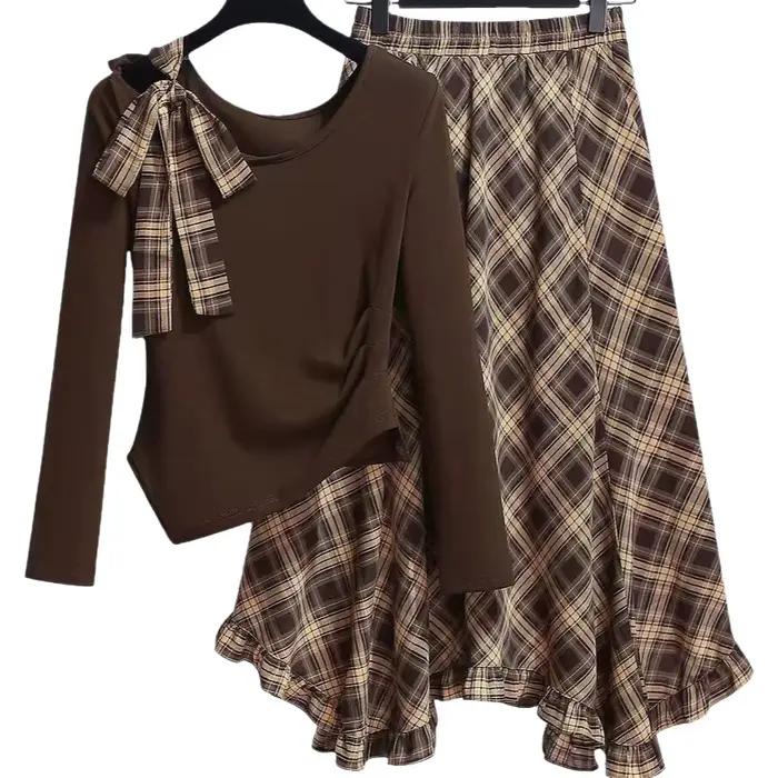 Ensemble jupe mi-longue en mousseline à carreaux tendance avec manches longues asymétriques, nouvelle robe fine printemps 2026 pour femme, élégante et polyvalente