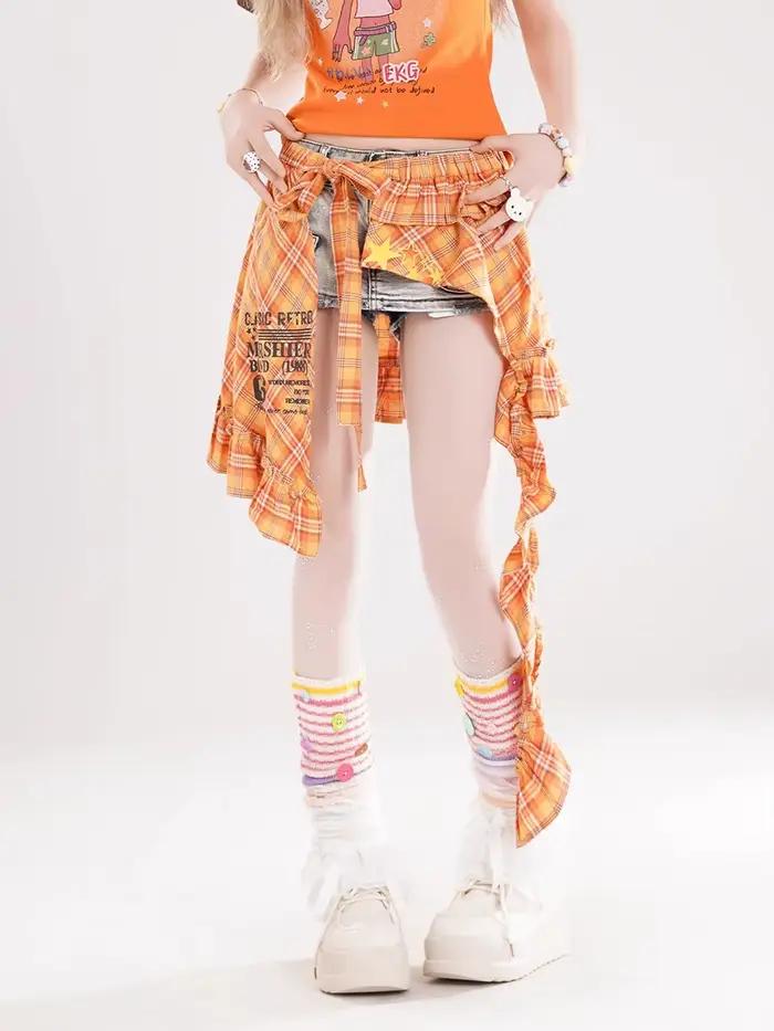 REDDACHiC – jupe portefeuille à carreaux pour robe en jean Y2k