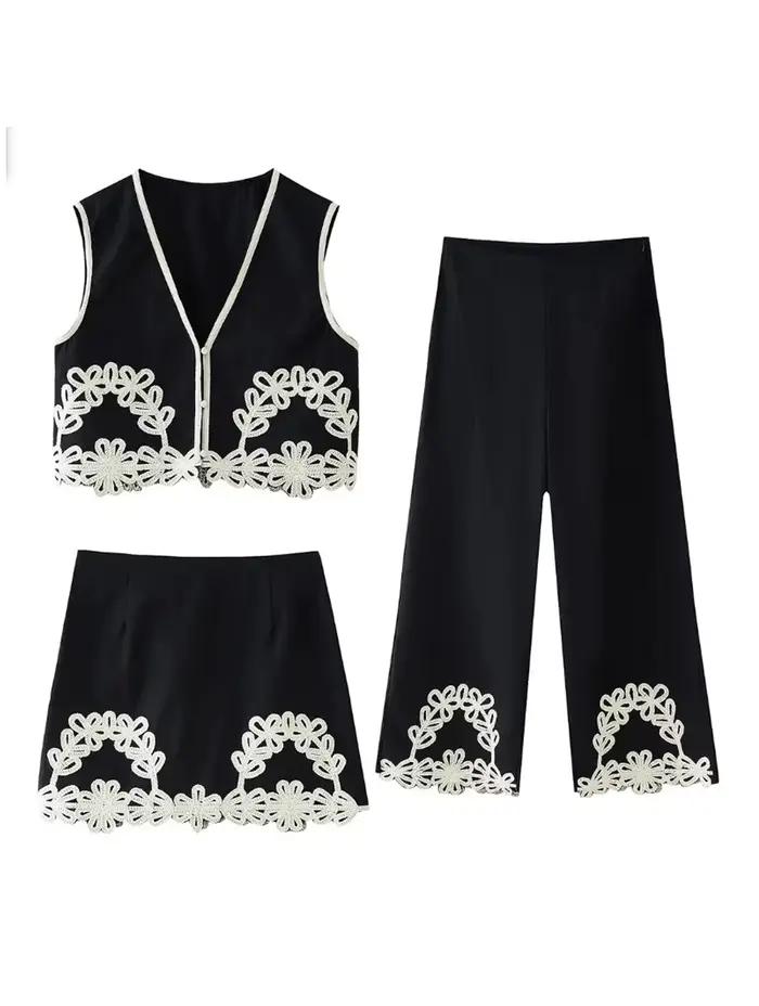 Ensemble jupe brodée à fermeture éclair pour femme