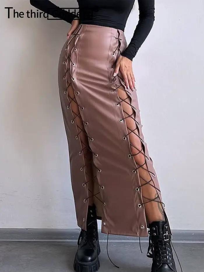 Jupe longue en cuir à lacets noirs sexy pour femmes