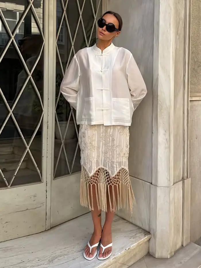 Jupe longue maxi décontractée pour femme avec broderies et pompons, taille haute, coupe ample, nouvelle collection 2026 pour les fêtes et le quotidien