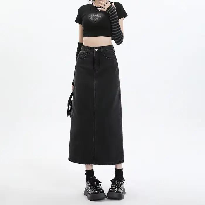 Jupe en jean mi-longue taille haute fendue amincissante pour femme