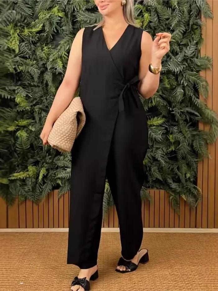 Femme combinaison décontractée col en v sans manches à lacets combinaisons pour femmes mode bureau vacances femmes vêtements combinaisons été nouveau