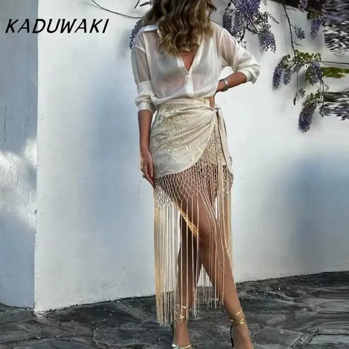 Jupe Kaduwaki Boho chic en polyester et viscose, longueur cheville, détails en dentelle, pour femmes, festivals de musique, sorties estivales et occasions spéciales ```