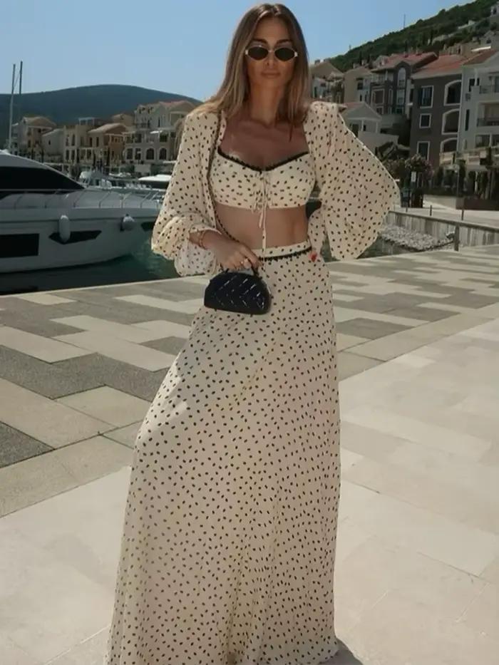 Ensemble Femme Nouveauté : Haut Court à Pois et Jupe Longue