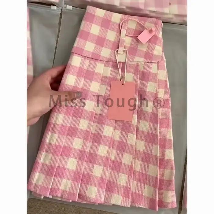 Jupe plissée à carreaux rose pour femmes