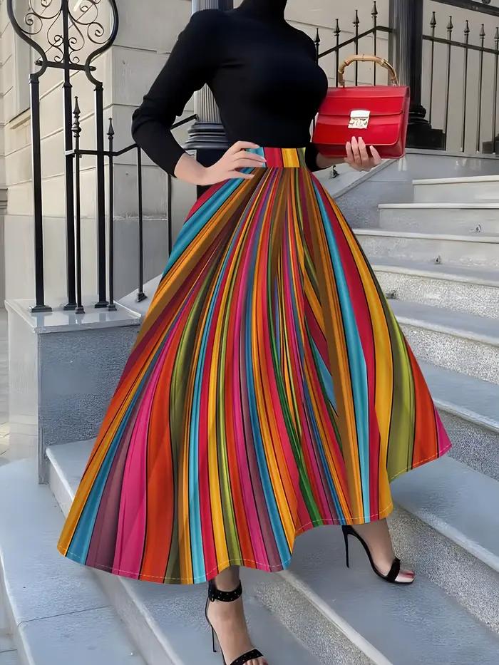 Jupe midi à rayures verticales arc-en-ciel pour femme