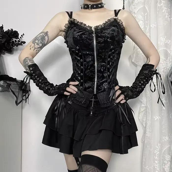 Mini jupe en dentelle noire à lacets croisés pour femmes