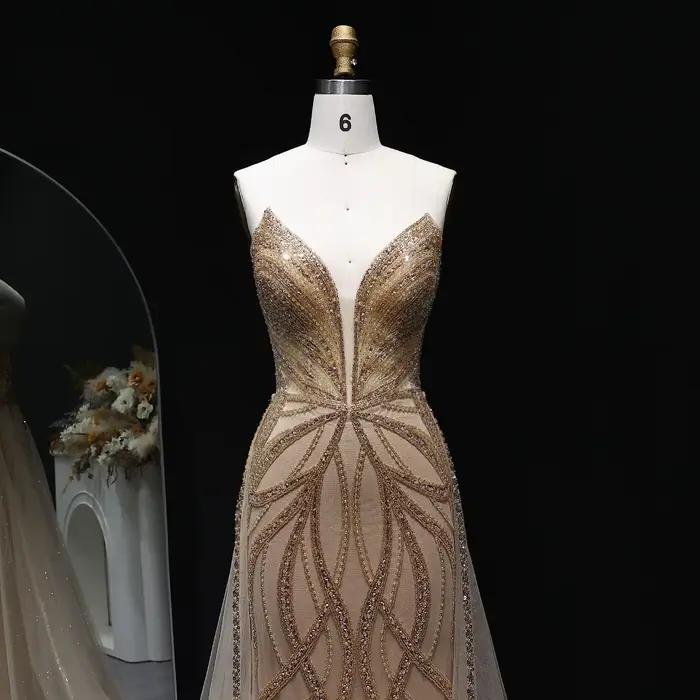 Sharon Said Champagne longue robe de soirée avec surjupe de luxe sirène femmes robes de soirée formelles de mariage SS068 personnalisé