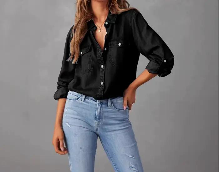 2025 nouvelle chemise en jean automne mode décontracté revers simple boutonnage femmes chemise à manches longues