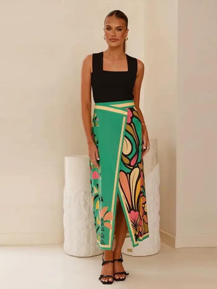 Imprimé fendu droite coloré jupe longue femme Chic Baggy décontracté taille cintrée jupes ample mode femmes été