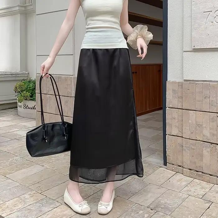 Acétate Satin Tulle lambrissé jupe fendue femmes été léger décontracté jupe longue taille haute élégante a-ligne jupe bureau dame
