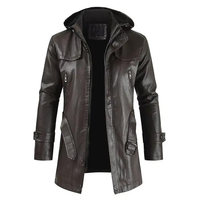Blouson d'hiver en cuir PU homme, long et chaud, à capuche, à la mode