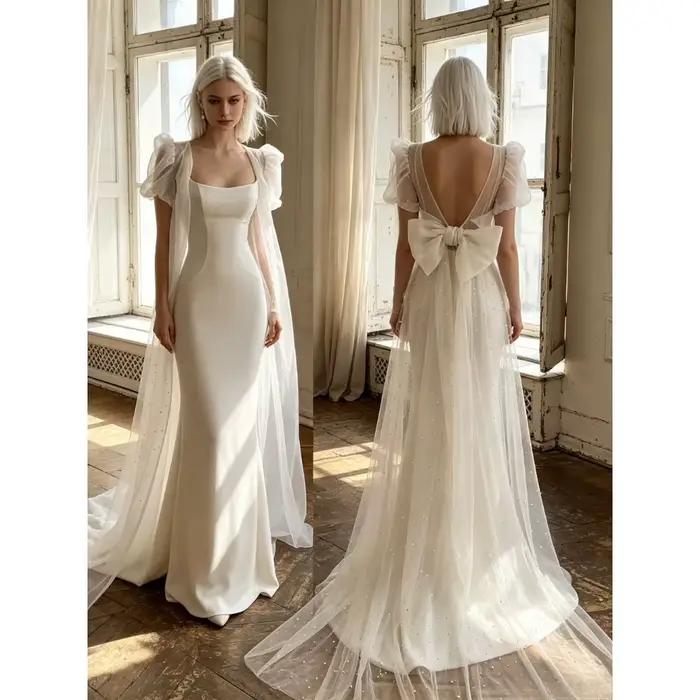 Robe de mariée sirène élégante et ajustée en satin luxueux à col carré personnalisé