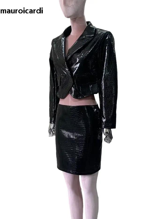 Mini jupe courte en cuir Pu pour femmes, imprimé Crocodile noir réfléchissant brillant, taille haute, vêtements de luxe élégants, automne 2025