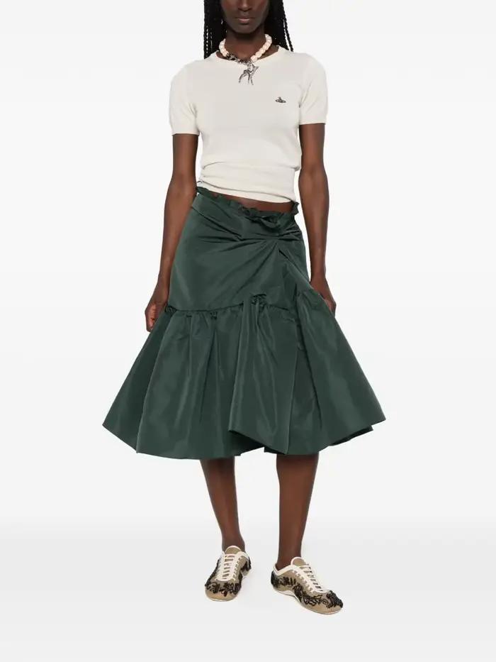 Jupe midi évasée vert foncé taille haute à nouer
