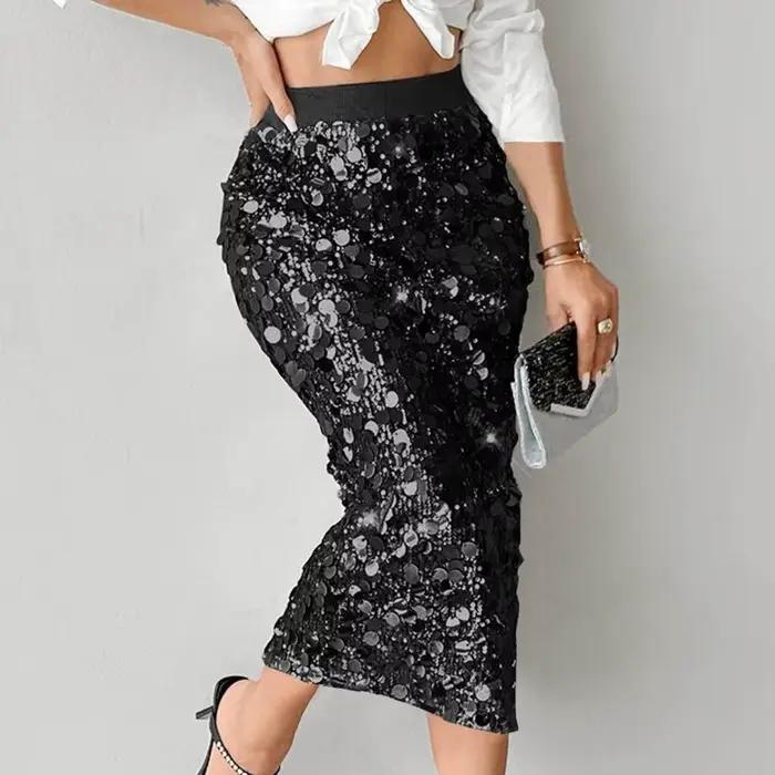 Jupe Sexy à paillettes, taille haute, moulante aux hanches, à la mode, couleur unie, élégante, mi-longue, jupes à paillettes