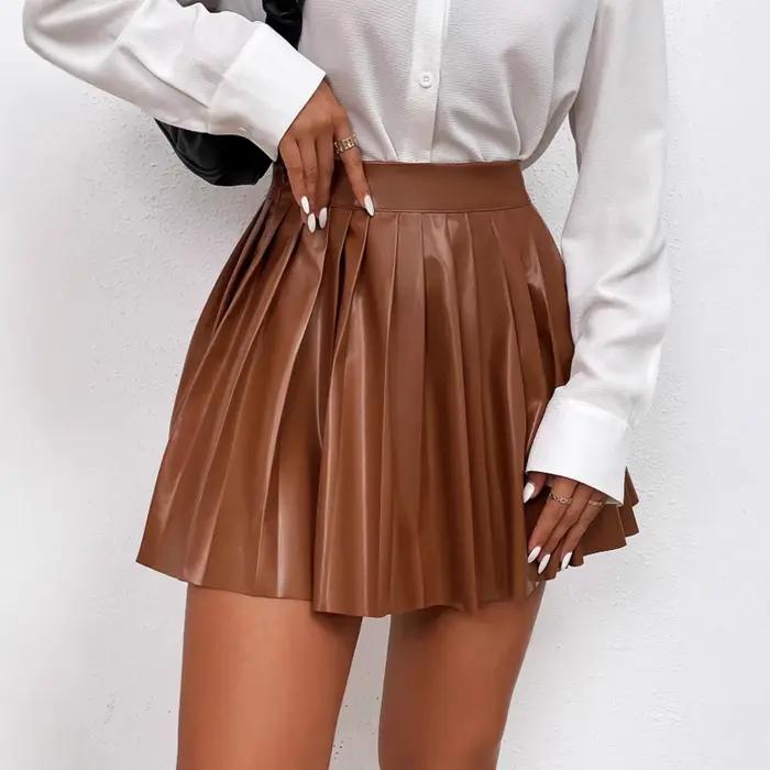 Jupes plissées en cuir Pu pour femmes