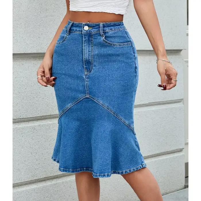 Femmes taille haute jupes en jean longueur genou jupe en jean extensible
