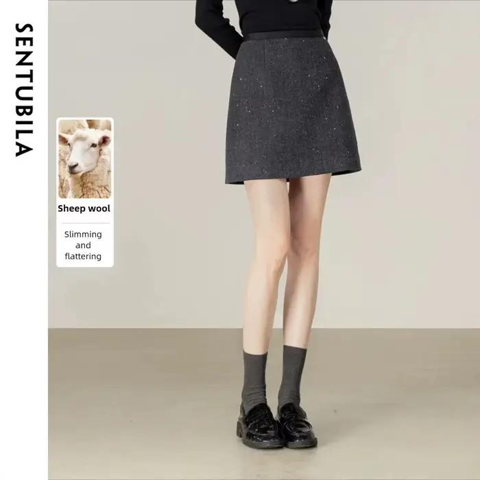 Jupe Courte Femme SENTUBILA en Mélange de Laine Hiver 2026 Nouvelle Collection Coupe Évasée Ample Douce Épaisse Chaude