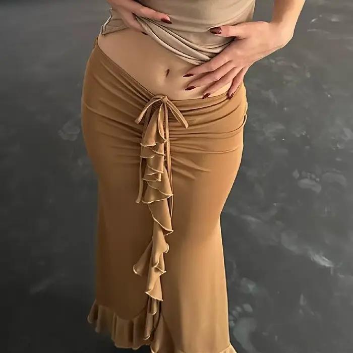 Jupe plissée mi-longue taille basse pour femme