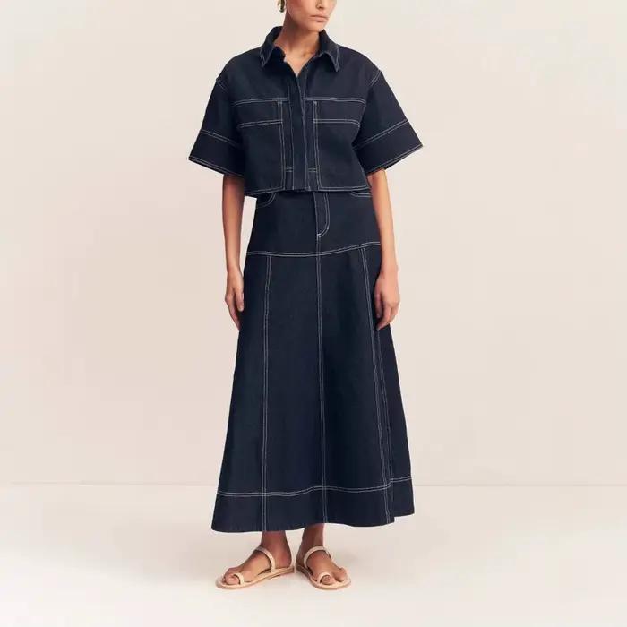 Jupe costume femmes Denim chemise jupes longues 2 pièces Ensembles lavé Vintage Ensemble simple boutonnage surchemise haut tenues d'été