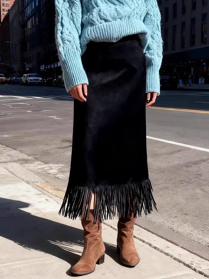 Rétro daim cuir jupe longue automne hiver femmes jupes à franges haute rue minceur solide élégant dame mode