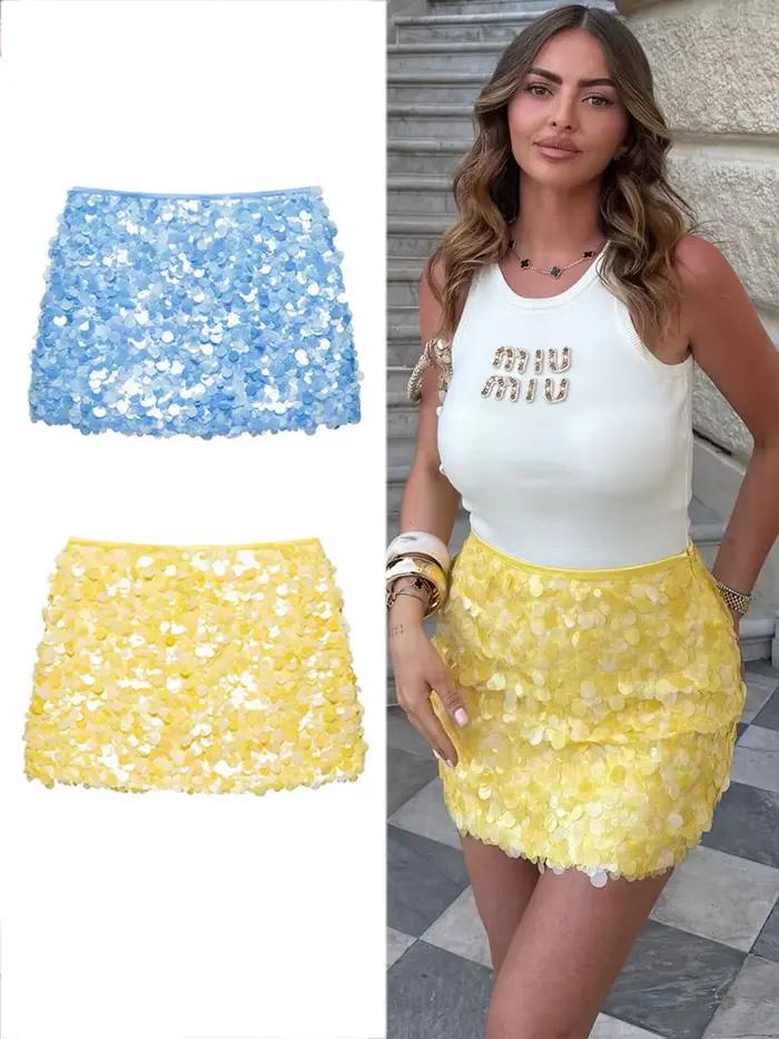 Jupe élégante et sexy jaune paillettes pour femmes mini haute taille Saint Valentin soirée club occassions spéciales