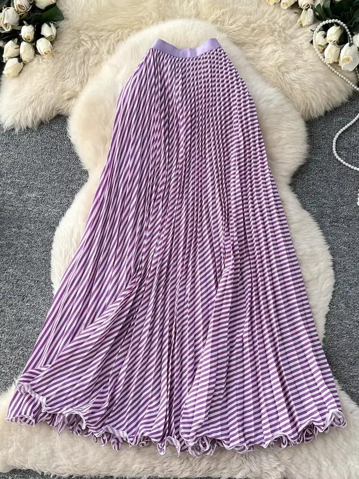 Jupe plissée rayée pour femme, coupe trapèze, taille élastique, ourlet festonné, élégante, printemps-été, couleurs bonbon, SK077