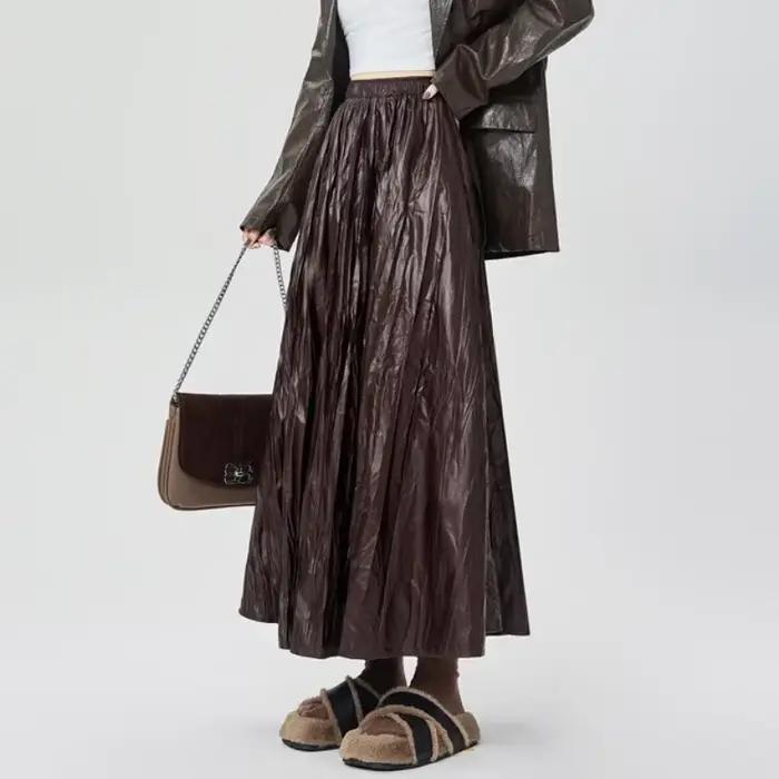 Jupes plissées en cuir Pu pour femmes, taille haute, ligne a fine, couleur unie, mode coréenne, nouvelle collection automne 2025
