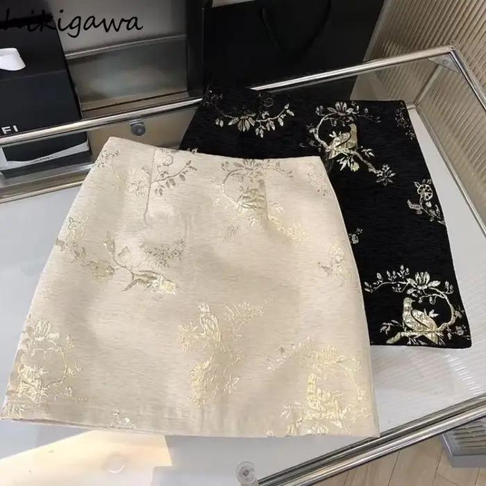 Mini jupes pour femmes 2025 Faldas Mujer De Moda taille haute a-ligne tempérament Jupe coréenne été Saia broderie