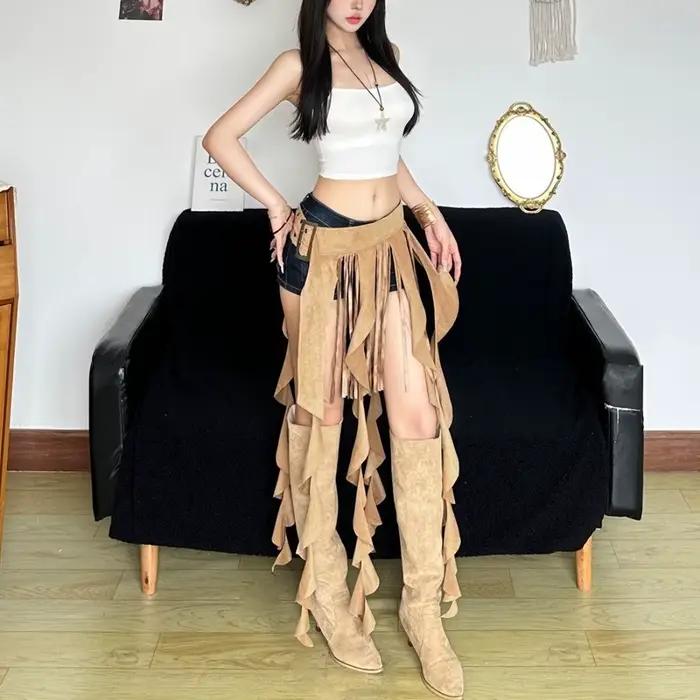 Jupe à volants irréguliers avec ceinture à pompons, ceintures ajustables à pompons longs pour femmes, mini-jupe décontractée et accrocheuse, jupe de vacances
