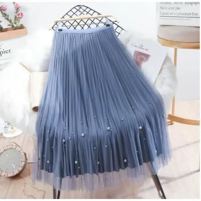 Jupe plissée en tulle mi-longue à taille haute pour femme