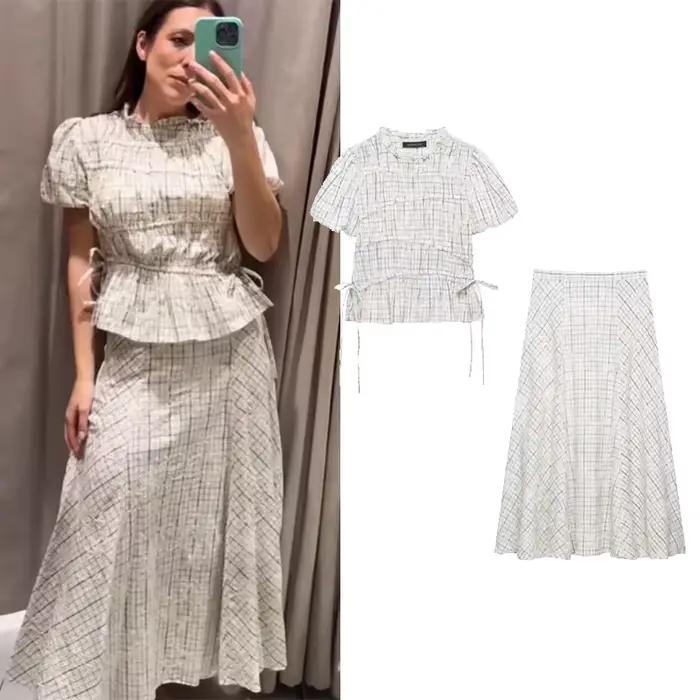 Ensemble jupe taille haute pour femme haut à col volanté et jupe évasée brodée deux pièces printemps été occassions spéciales