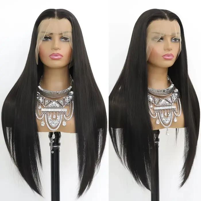 Perruque Lace Front Wig Synthétique HD Sans Colle, Cheveux Longs et Lisses, Noirs Naturels, Pre-Plucked, Fibre de Degré de Chaleur, pour Femme
