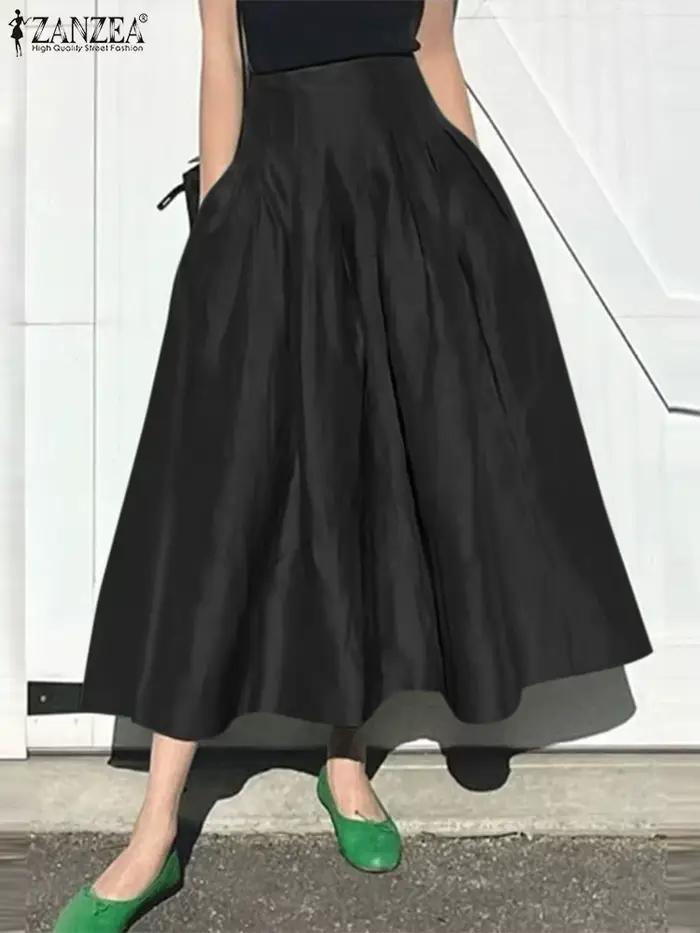 Mode femmes jupes longues ZANZEA été solide Jupe plissée Eelgant une ligne fête travail robes taille haute Faldas Saia