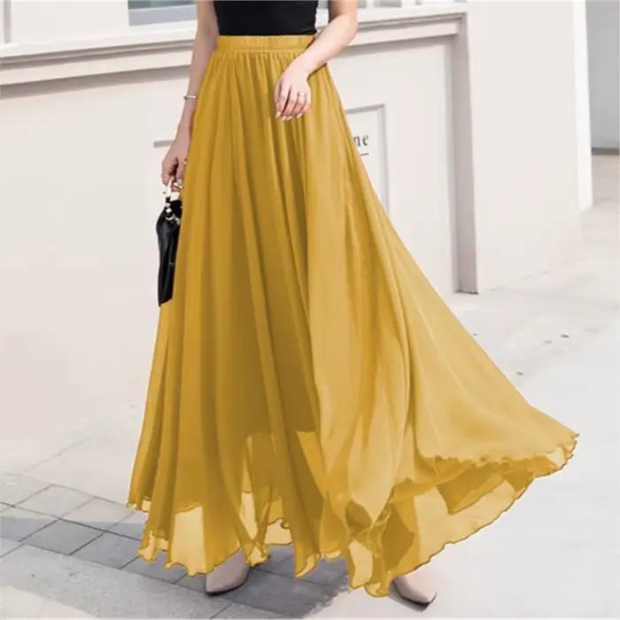 Jupe en mousseline de couleur unie pour femmes, nouvelle collection printemps-été, décontractée, ample, taille haute, taille élastique, jupe longue, Roupas Feminina