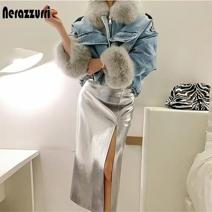 Jupe mi-longue Nerazzurri noire réfléchissante en cuir verni avec fente, taille haute, argentée, pour femme, collection 2021
