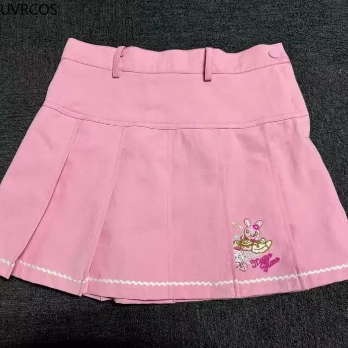 Jupe plissée rose Style Lolita japonais pour femmes, jupes courtes brodées de dessin animé coréen Kawaii, Mini jupes gâteau mignonnes