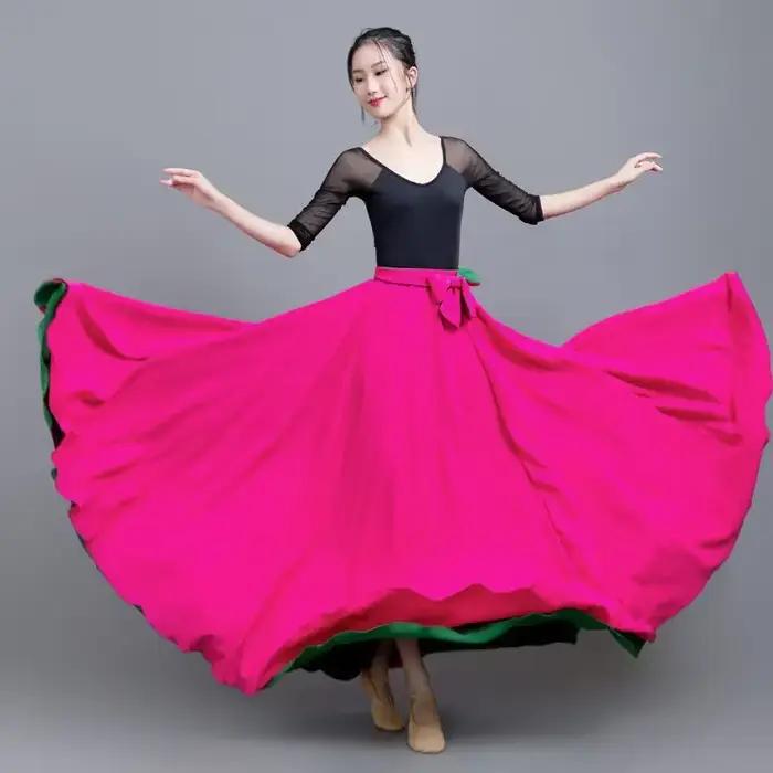 8Mi-Robe de danse longue double face en mousseline de soie pour femme