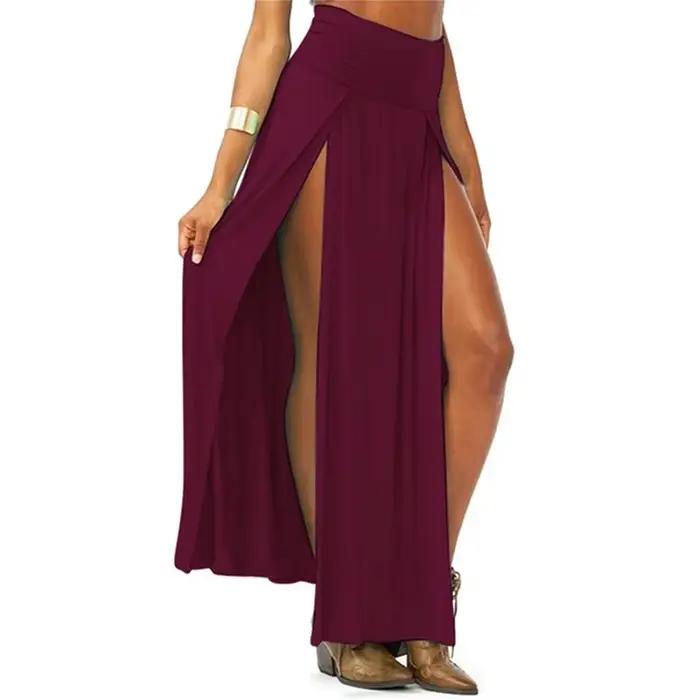 Nouveauté taille haute Sexy femmes Double fentes été solide longue Maxi jupe en gros 51 cadeaux de saint valentin