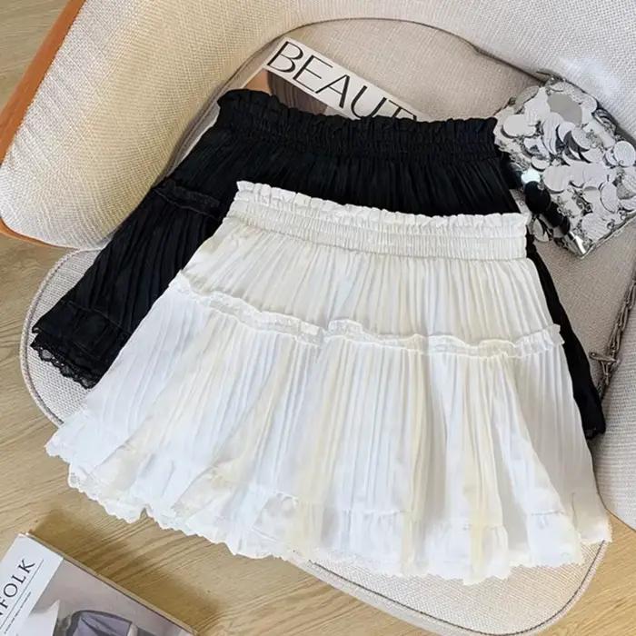 Mode coréenne taille élastique jupes plissées femmes été couleur unie dentelle Mini jupe femme douce une ligne Shorts