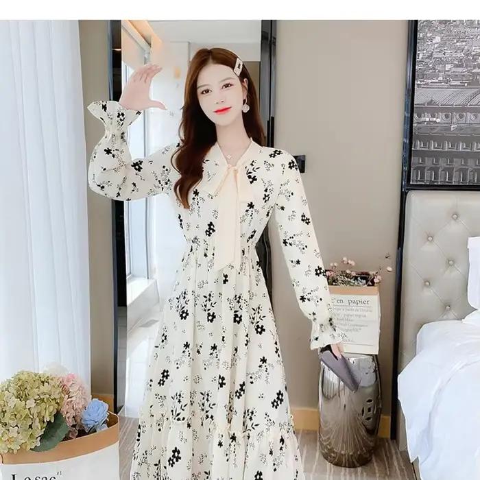 Robe florale 2025 automne et hiver nouvelle jupe longue à manches longues Style doux