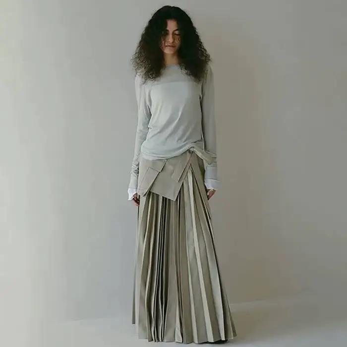 MYMX – ensemble 2 pièces, jupe plissée pour femmes, taille haute, ligne A, couleur abricot, nouvelle collection MX1036, printemps-automne